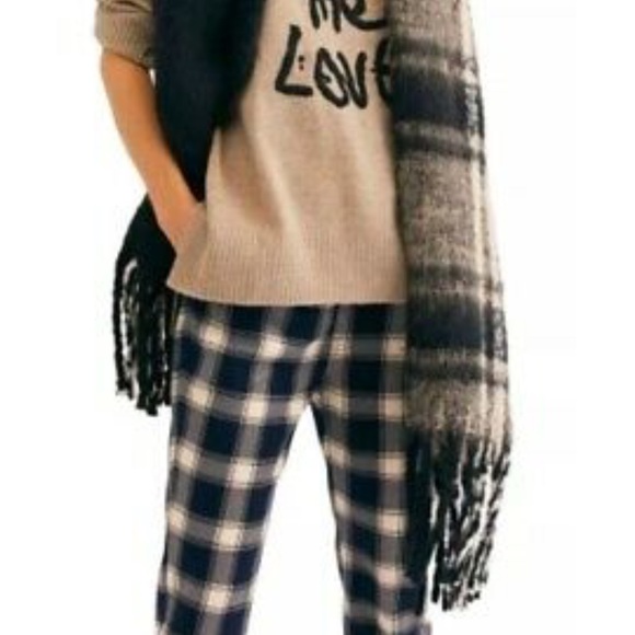 🆕NWT FREE PEOPLE GEMINI Plaid blanket Camel Black - Picture 2 of 9